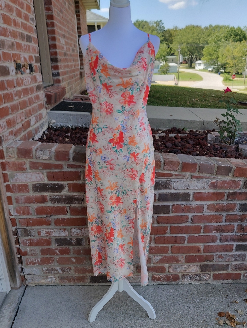 Paper Heart Anthropologie Satin Floral Drape Neck Front Slit Midi Dress Size L